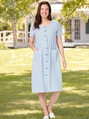 The Vermont Country Store Blue Seersucker Stripe Button Front Shirt Dress Summer